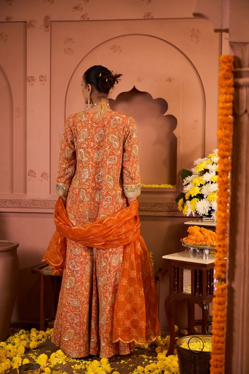 Elizey Paisley Embroidered Sharara Set - Orange