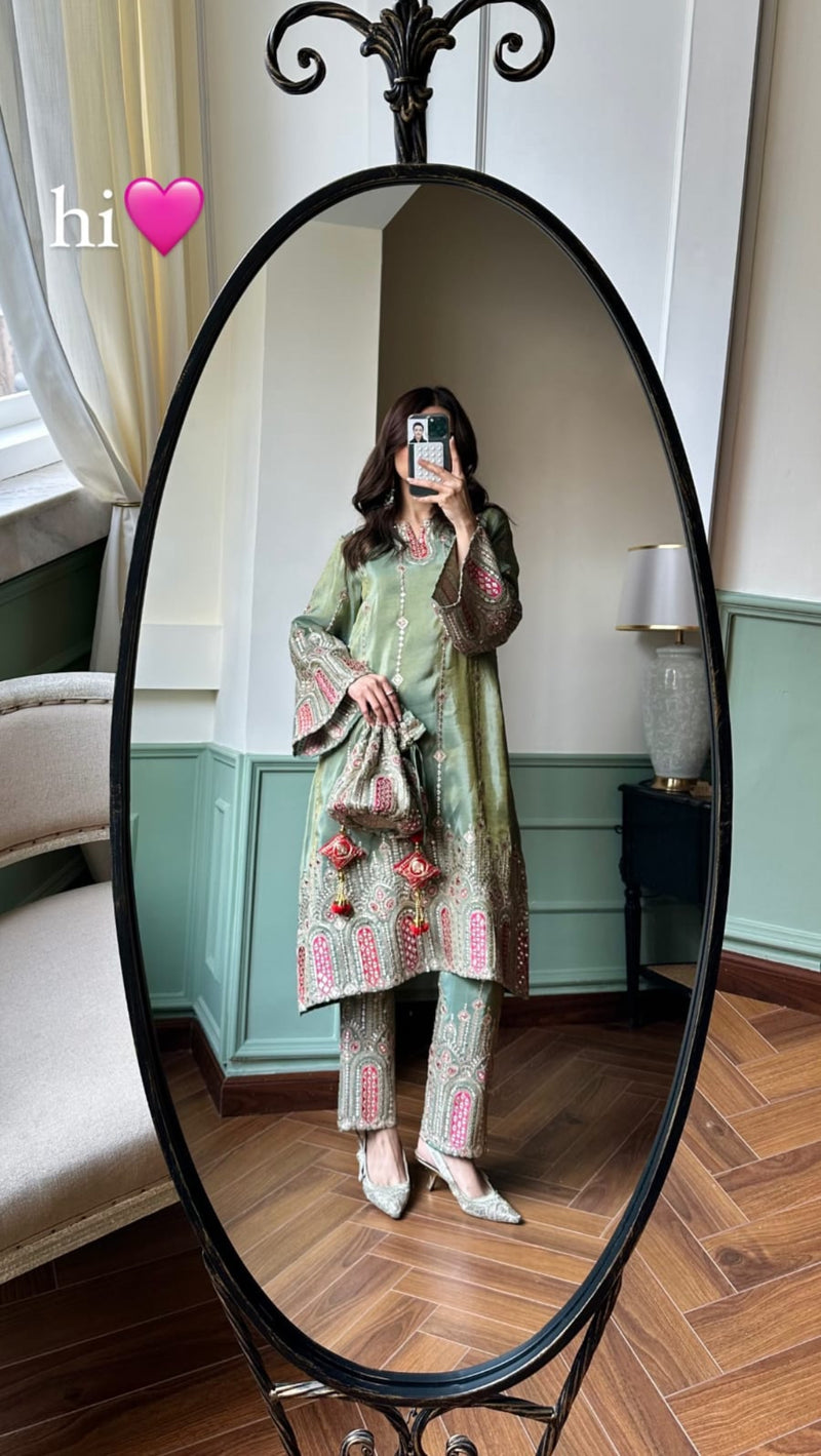 Tissue 3 Piece Kurta Set - Green