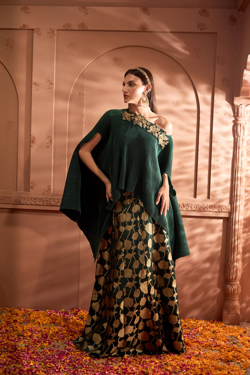 Divine Embroidered Cape Set With Banarasi Lotus Ghaghra - Green