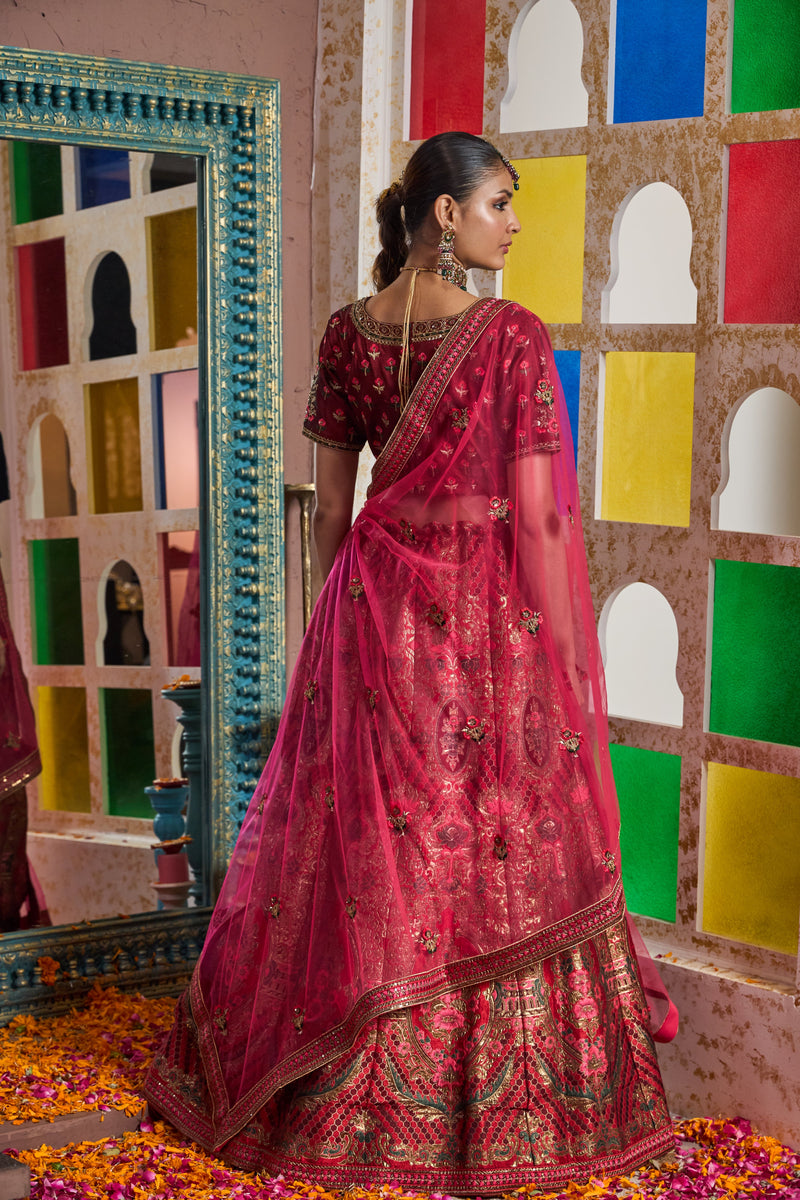 Banarasi Begum Ghaghra With Embroidered Blouse And Chunni - Royal Red