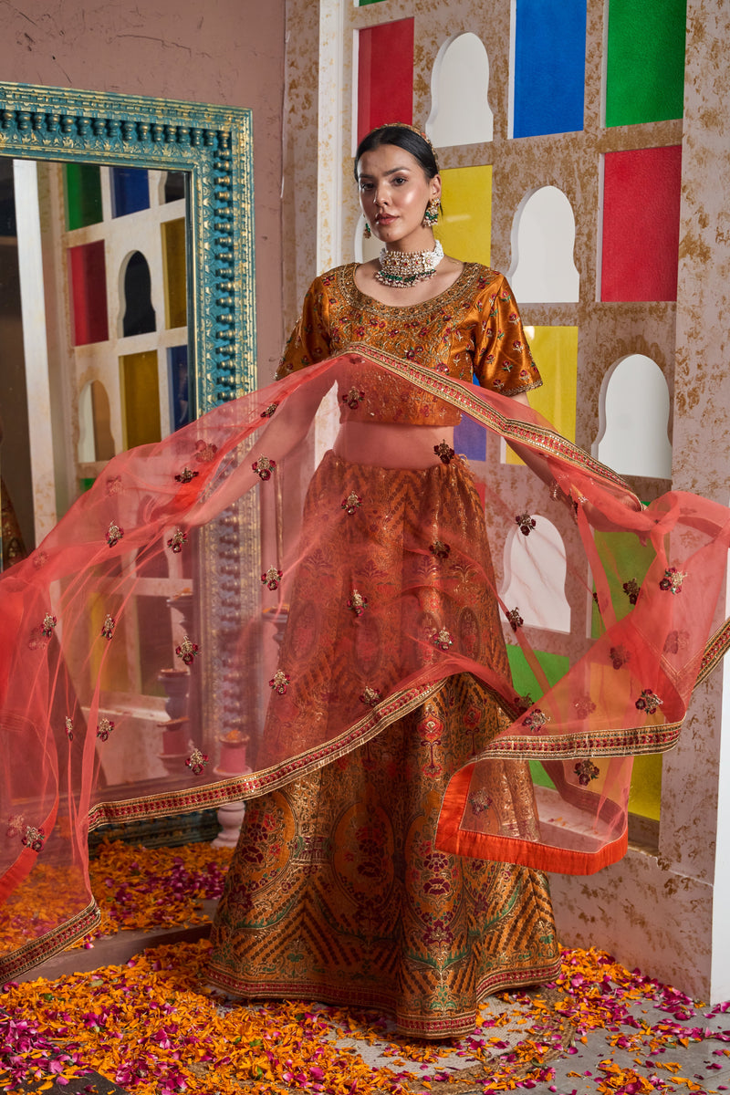 Banarasi Begum Ghaghra With Embroidered Blouse And Chunni - Orange