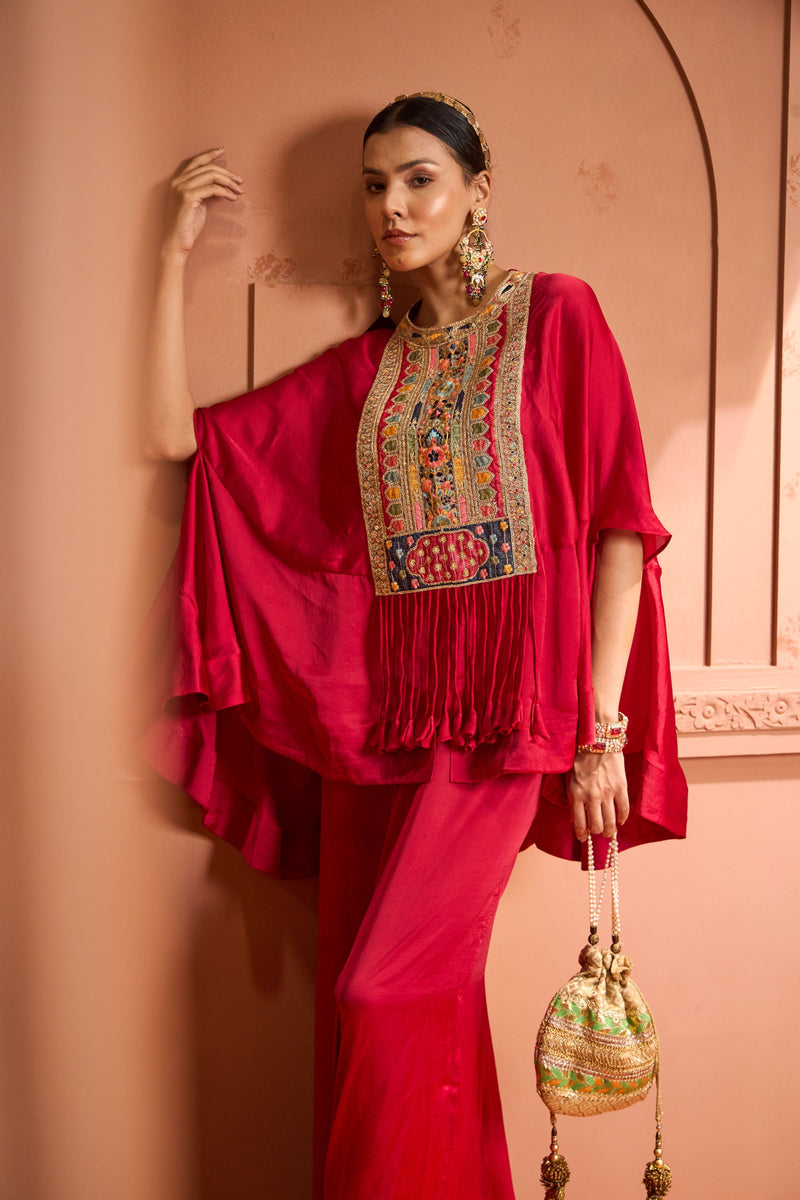 Kiri Patch Work Kaftan Top With Flared Pant - Red