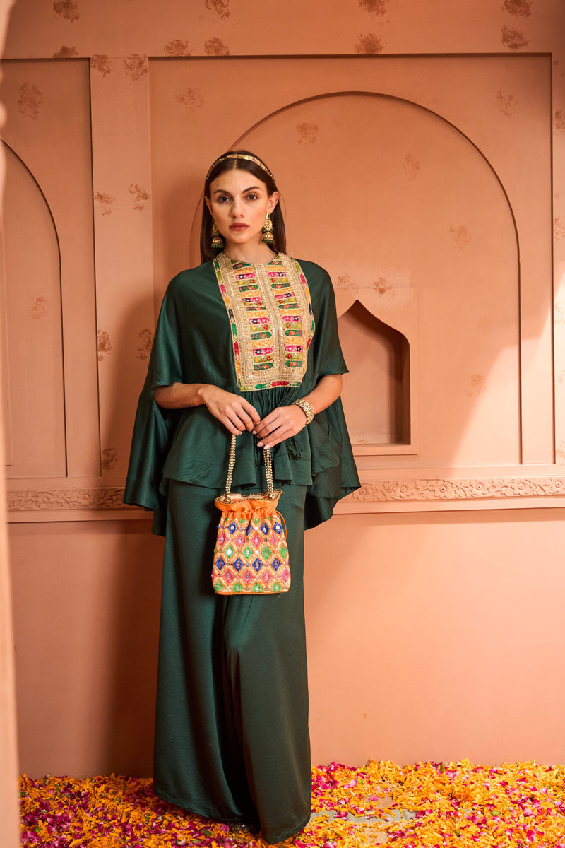 Kiri Patch Work Kaftan Top With Flared Pant - Emerald Green