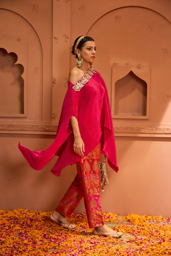 Divine Embroidered Cape Set With Banarasi Flared Pant - Fuschia