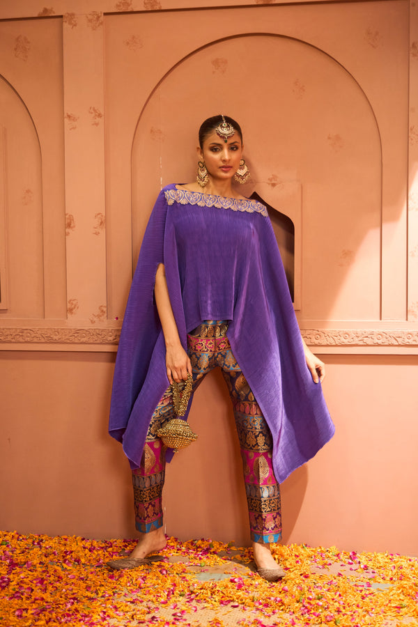 Divine V-Neck Embroidered Cape Set With Colorful Brocade Pant - Hibiscus