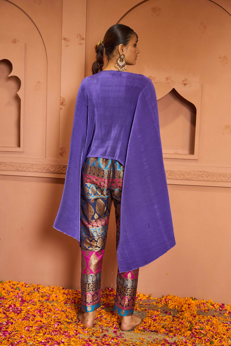 Divine V-Neck Embroidered Cape Set With Colorful Brocade Pant - Hibiscus