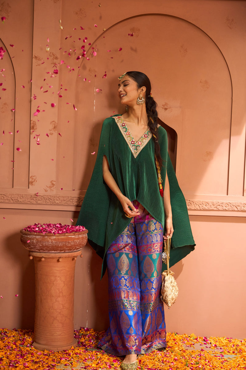 Divine V-Neck Embroidered Cape Set With Colorful Brocade Pant - Green