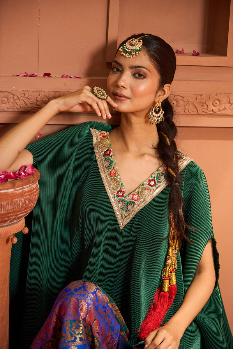 Divine V-Neck Embroidered Cape Set With Colorful Brocade Pant - Green