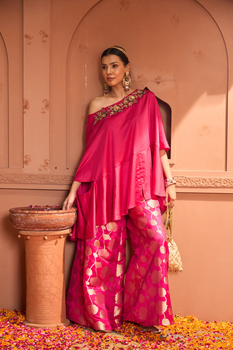 Kiri Embroidered Kaftan With Colorful Banarasi Lotus Flared Pant - Fuschia