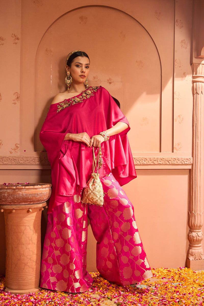 Kiri Embroidered Kaftan With Colorful Banarasi Lotus Flared Pant - Fuschia