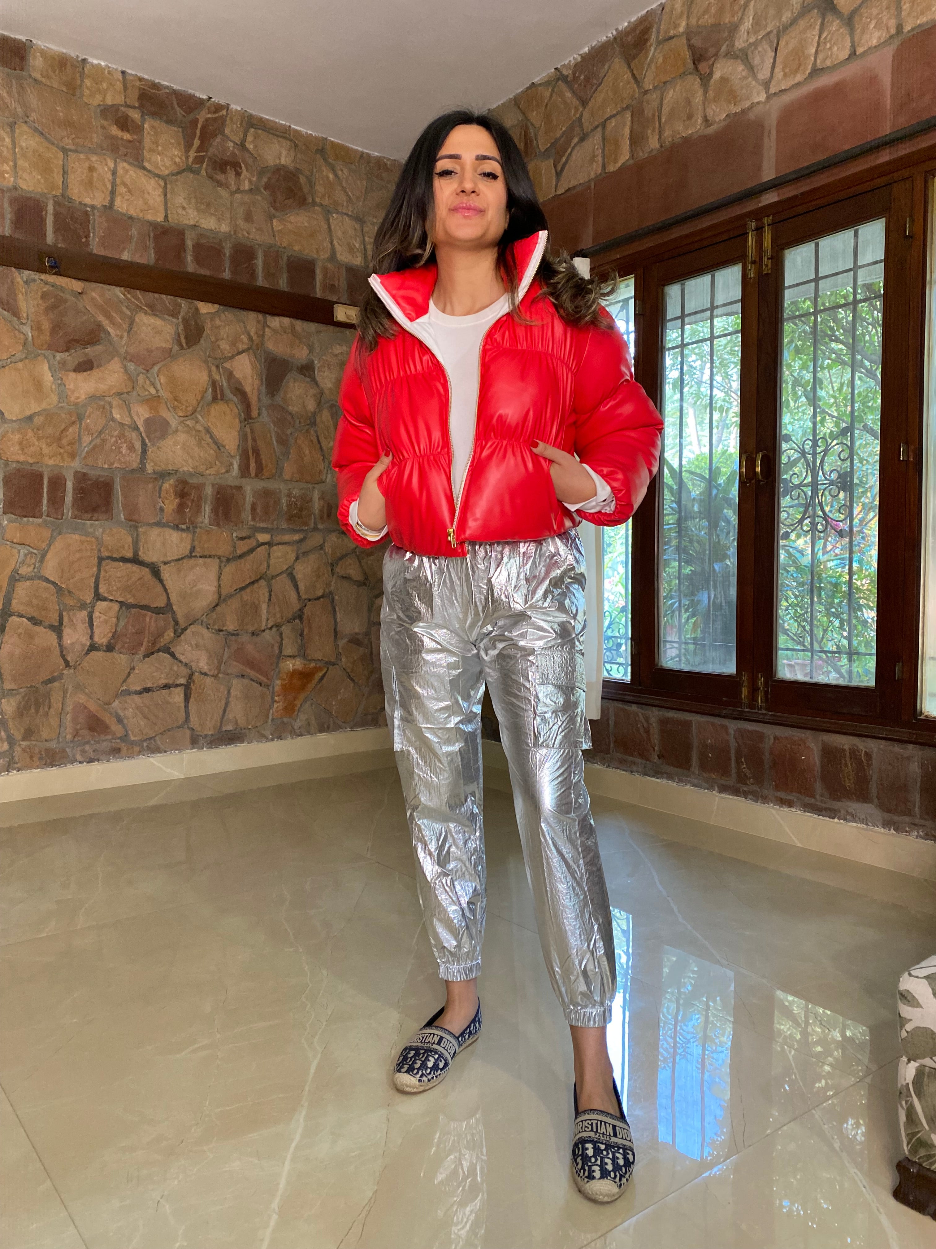 Shiny red 2025 bomber jacket