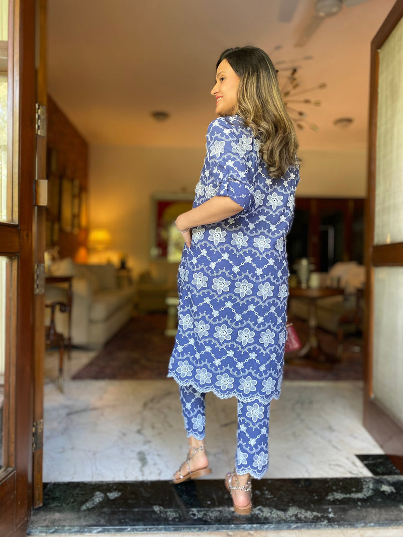 Mitaliwadhwa Cotton 3D Embroidery Dark Blue KP set