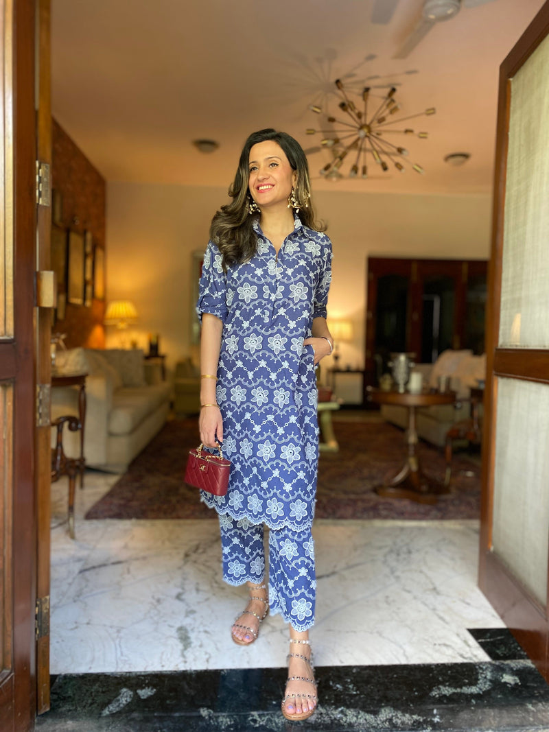 Mitaliwadhwa Cotton 3D Embroidery Dark Blue KP set