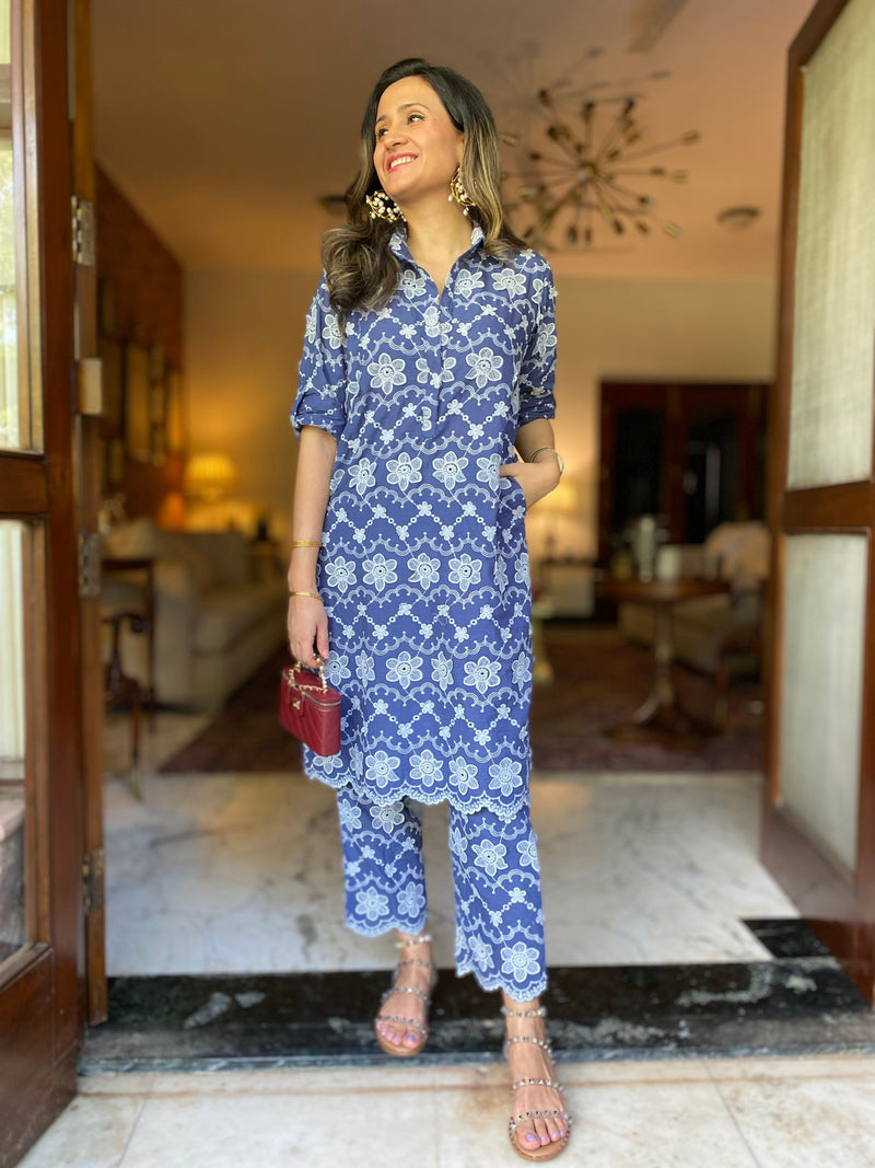 Mitaliwadhwa Cotton 3D Embroidery Dark Blue KP set