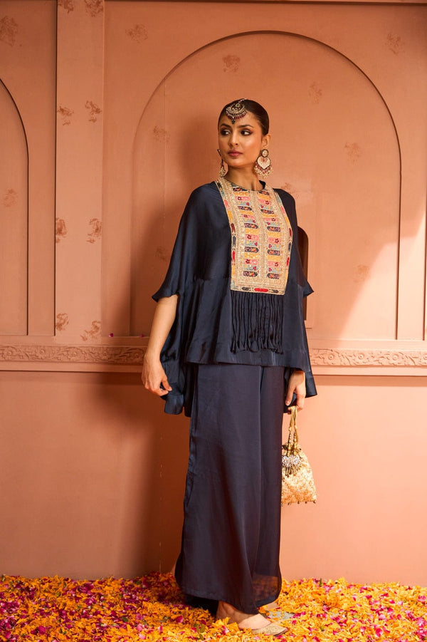 Mitaliwadhwa Kiri patch work kaftan top with flared pant (BLUE)