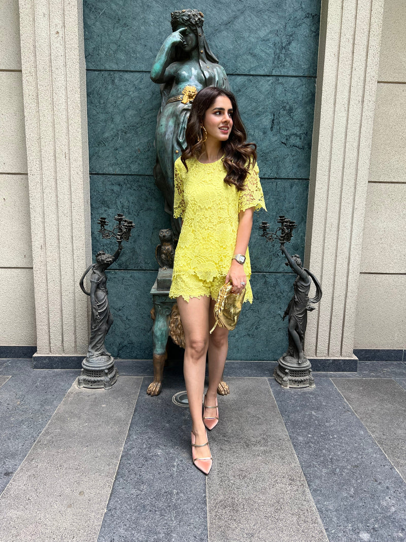 neon dress shorts Neon Off The Shoulder Shorts Set -Neon Green