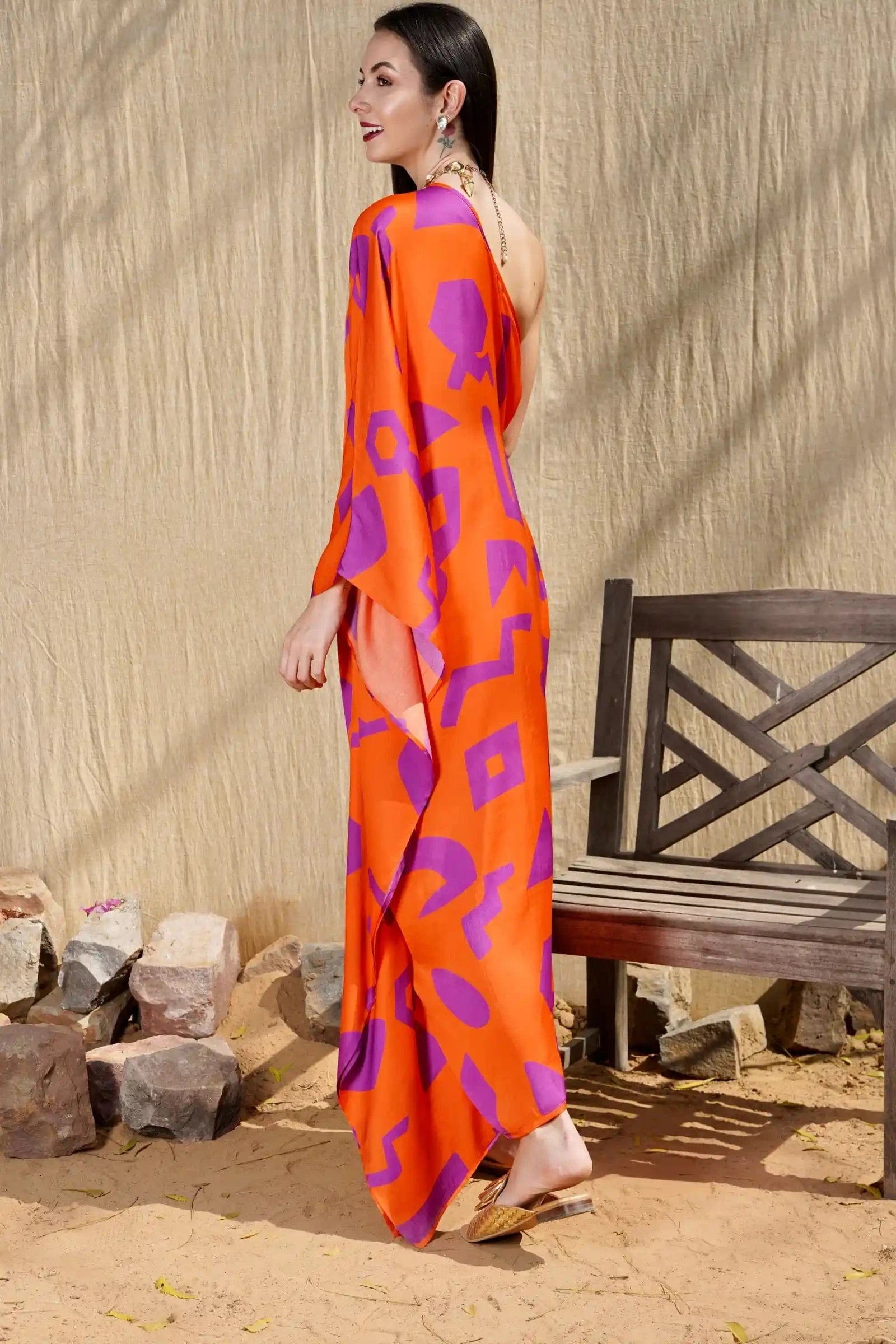 orange and purple dress Abstract Print Flutter Sleeve Midi wearing size small All For You Orange Floral