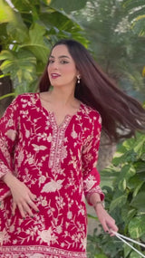 Reyna Gara Glazed Kurta With Pleated Pants and Dupatta- Red
