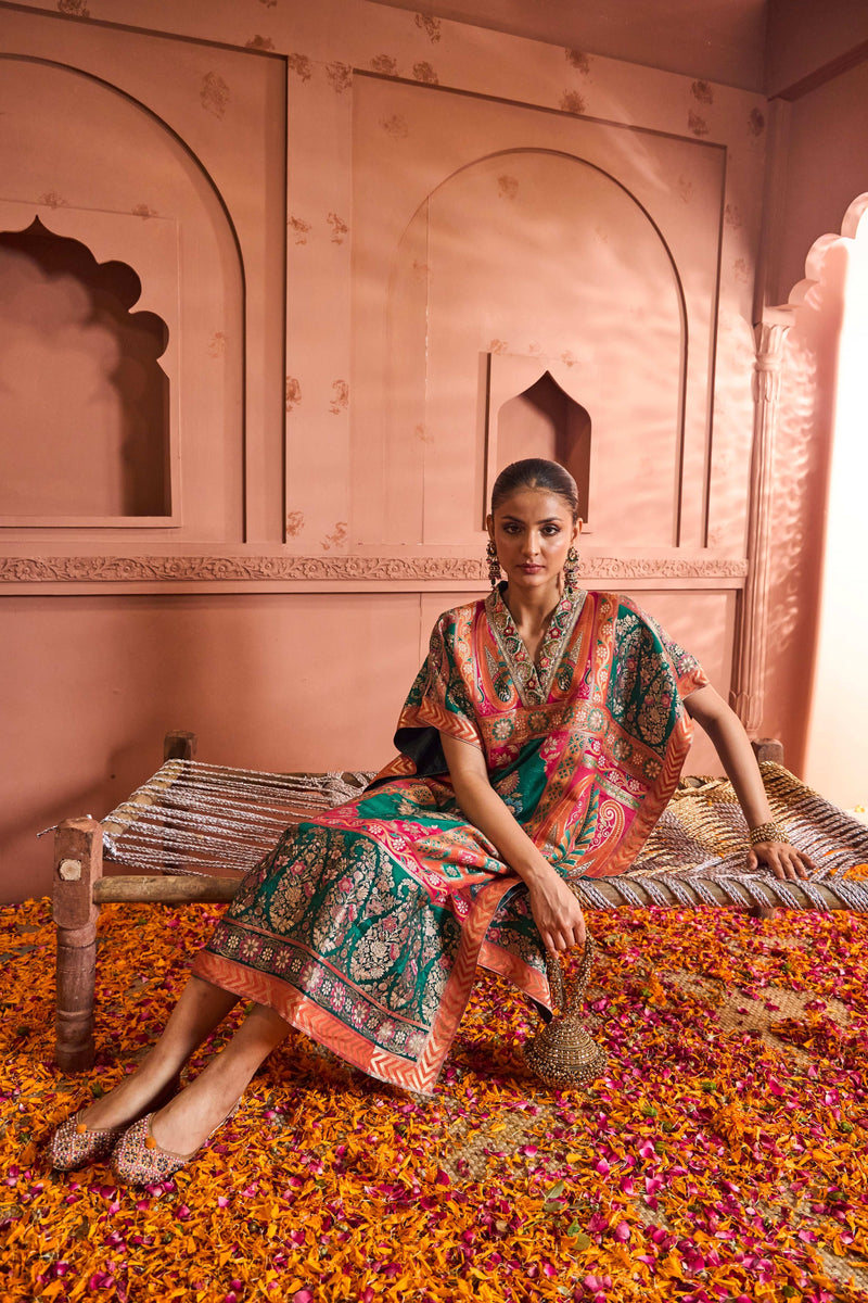 Tasuvure Banarasi Begum Embroidered Kaftan - Orange
