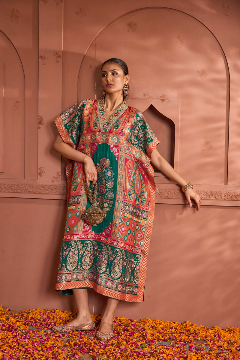 Tasuvure Banarasi Begum Embroidered Kaftan - Orange