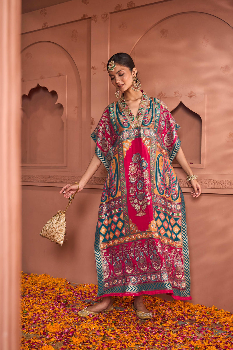 Tasuvure Banarasi Begum Embroidered Kaftan - Pink