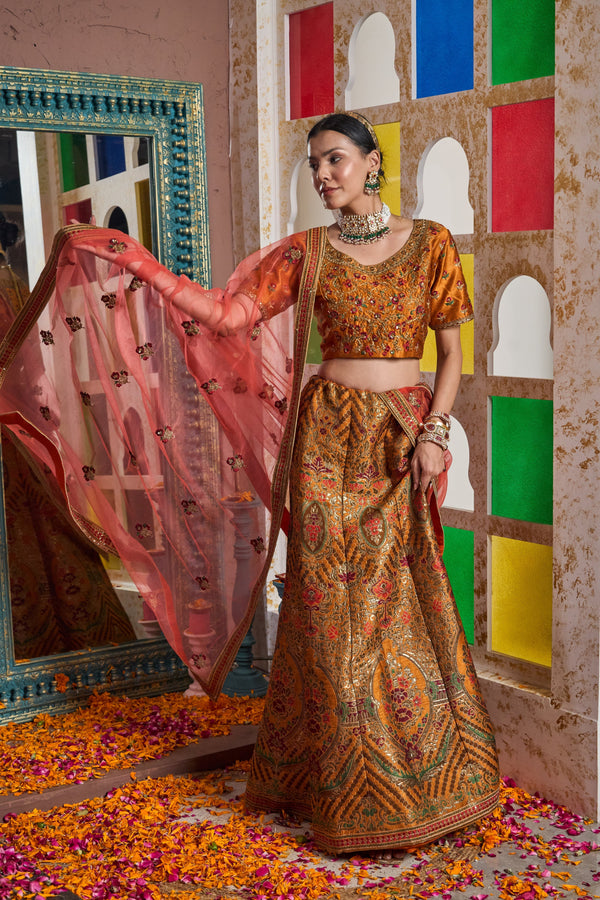 Tasuvure Banarasi Begum Ghaghra With Embroidered Blouse And Chunni - Orange