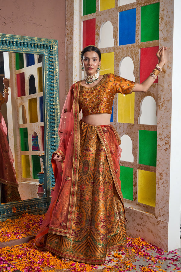 Tasuvure Banarasi Begum Ghaghra With Embroidered Blouse And Chunni - Orange