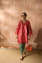 Tasuvure Banarasi Begum Tunic Set - Red and Green