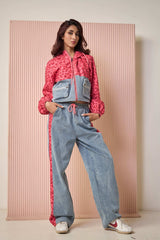 Tasuvure Daryl Denim Printed Co-ord Set - Pink & Blue