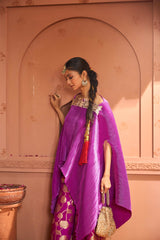 Tasuvure Divine Embroidered Cape Set With Banarasi Lotus Flared Pant - Hibiscus