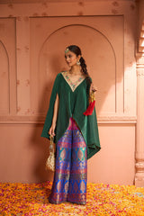 Tasuvure Divine V-Neck Embroidered Cape Set With Colorful Brocade Pant - Green
