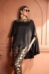Tasuvure Kiri Embroidered Kaftan With Banarasi Lotus Pant - Black