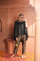 Tasuvure Kiri Embroidered Kaftan With Banarasi Lotus Pant - Black