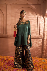 Tasuvure Kiri Embroidered Kaftan With Banarasi Lotus Sharara - Green