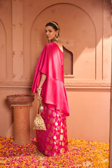 Tasuvure Kiri Embroidered Kaftan With Colorful Banarasi Lotus Flared Pant - Fuschia