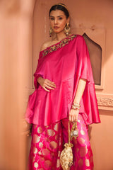 Tasuvure Kiri Embroidered Kaftan With Colorful Banarasi Lotus Flared Pant - Fuschia