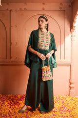 Tasuvure Kiri Patch Work Kaftan Top With Flared Pant - Emerald Green