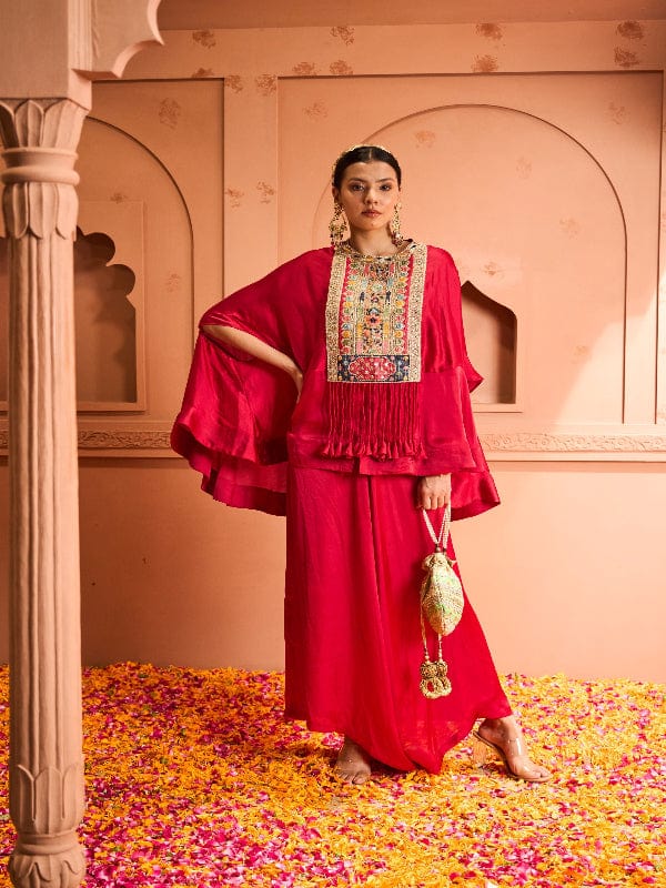 Tasuvure Kiri Patch Work Kaftan Top With Flared Pant - Red