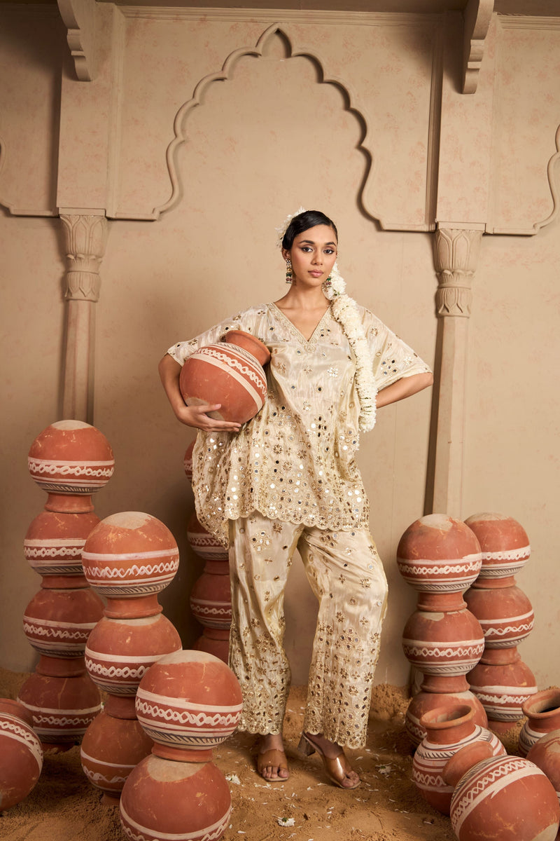 Tasuvure X MW  Aaina Adaa Mirror Work Kaftan Set - Ivory
