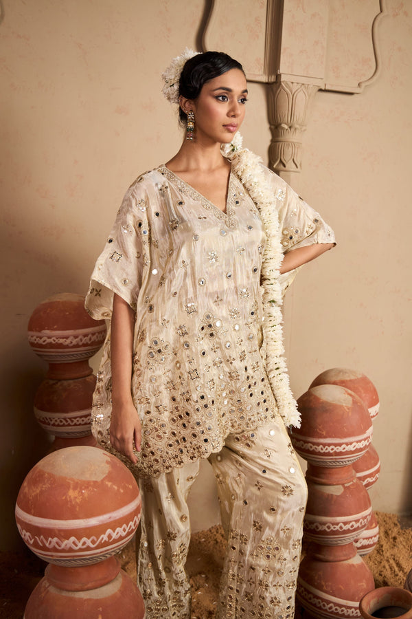 Tasuvure X MW  Aaina Adaa Mirror Work Kaftan Set - Ivory