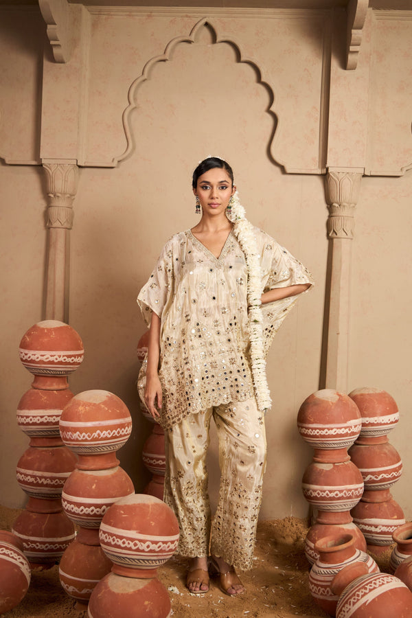 Tasuvure X MW  Aaina Adaa Mirror Work Kaftan Set - Ivory