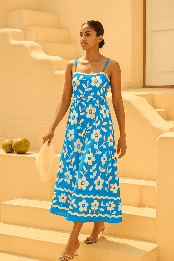 Tasuvure X MW  Amalfi Tide Midi Dress - Blue Floral