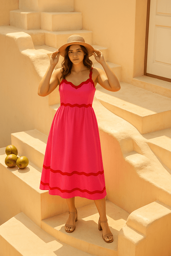 Tasuvure X MW  Amalfi Tide Midi Dress - Pink Red