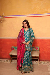 Tasuvure X MW  Banarasi Begum Sharara Set w Pink Dupatta - Turqouise