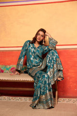 Tasuvure X MW  Banarasi Begum Sharara Set w Pink Dupatta - Turqouise