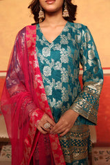 Tasuvure X MW  Banarasi Begum Sharara Set w Pink Dupatta - Turqouise