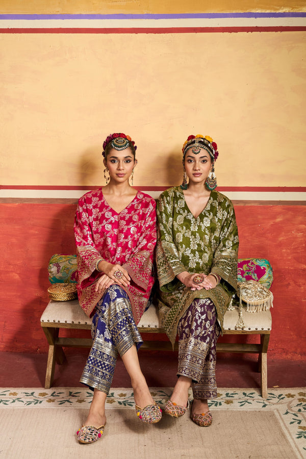 Tasuvure X MW  Banarasi Begum Tunic Set - Green and Purple