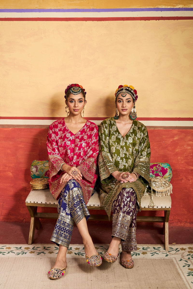 Tasuvure X MW  Banarasi Begum Tunic Set - Green and Purple