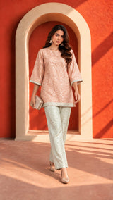 Tasuvure X MW Banarasi Begum Tunic Set - peach and white