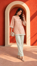 Tasuvure X MW Banarasi Begum Tunic Set - peach and white